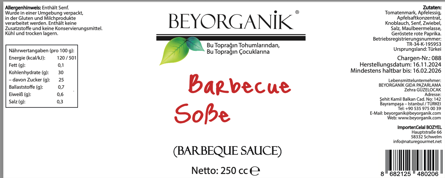 Beyorganik Organik Barbekü Sos 250cc