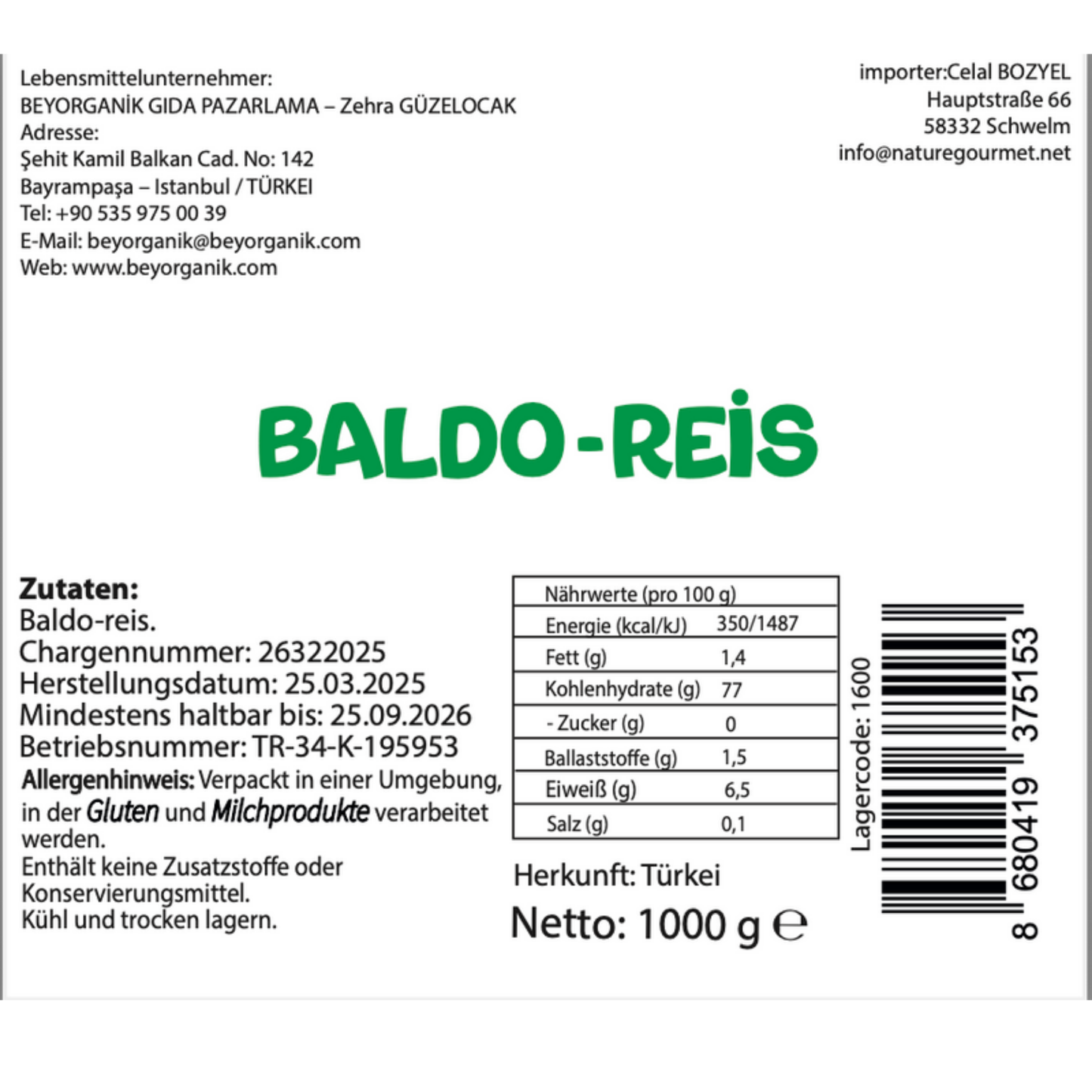 BEYORGANIK BALDO Pirinç – 1000 g