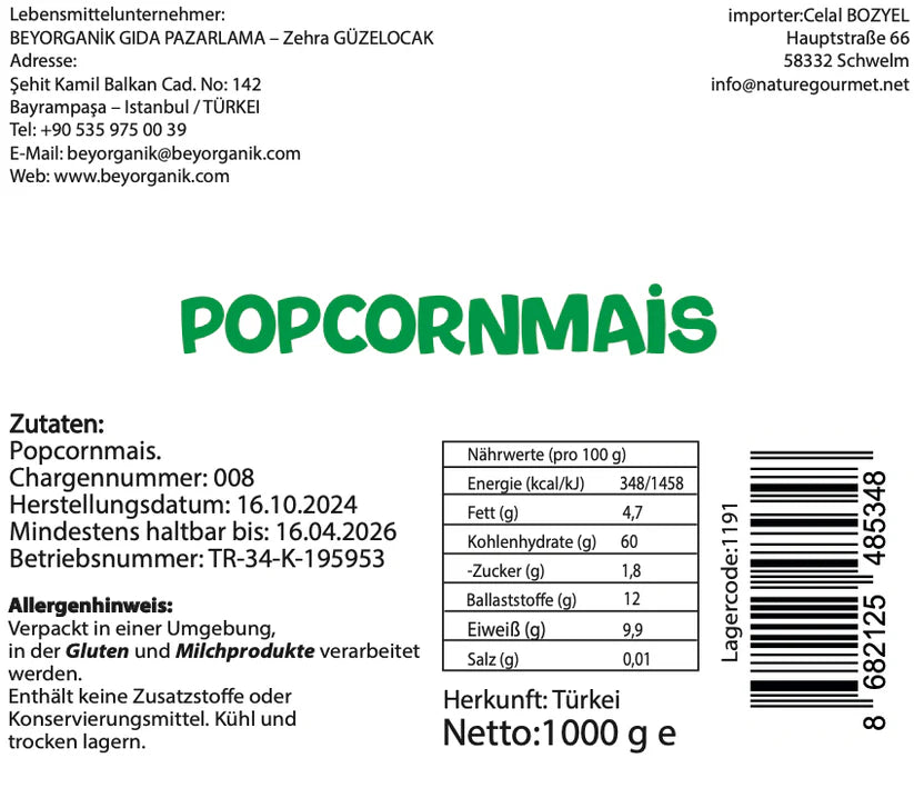 Organik Patlak Mısır 1kg (Pestisit ve Aflatoksin Analizli)