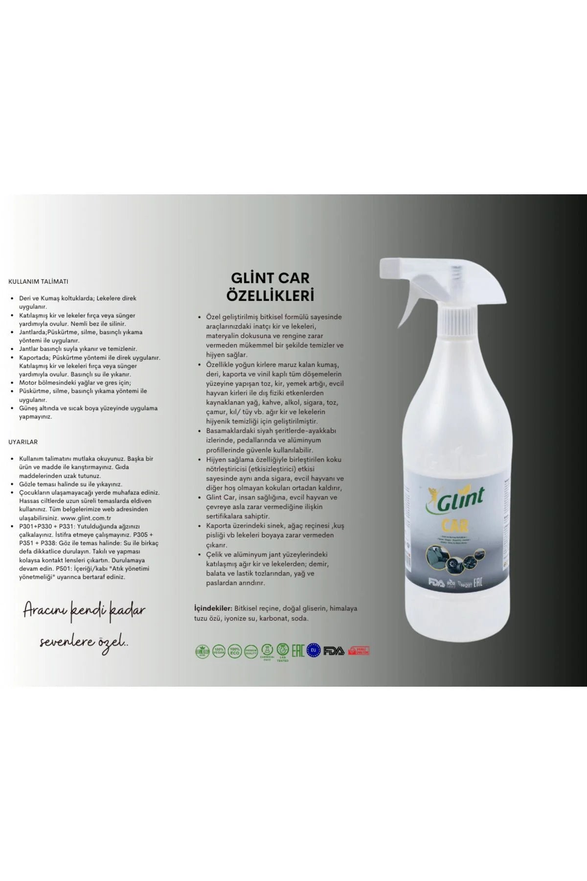 Glint Car, Bitkisel Çok Amaçlı Oto Temizleyici Araç Far Koltuk Paspas Temizleme Jant Parlatıcı
