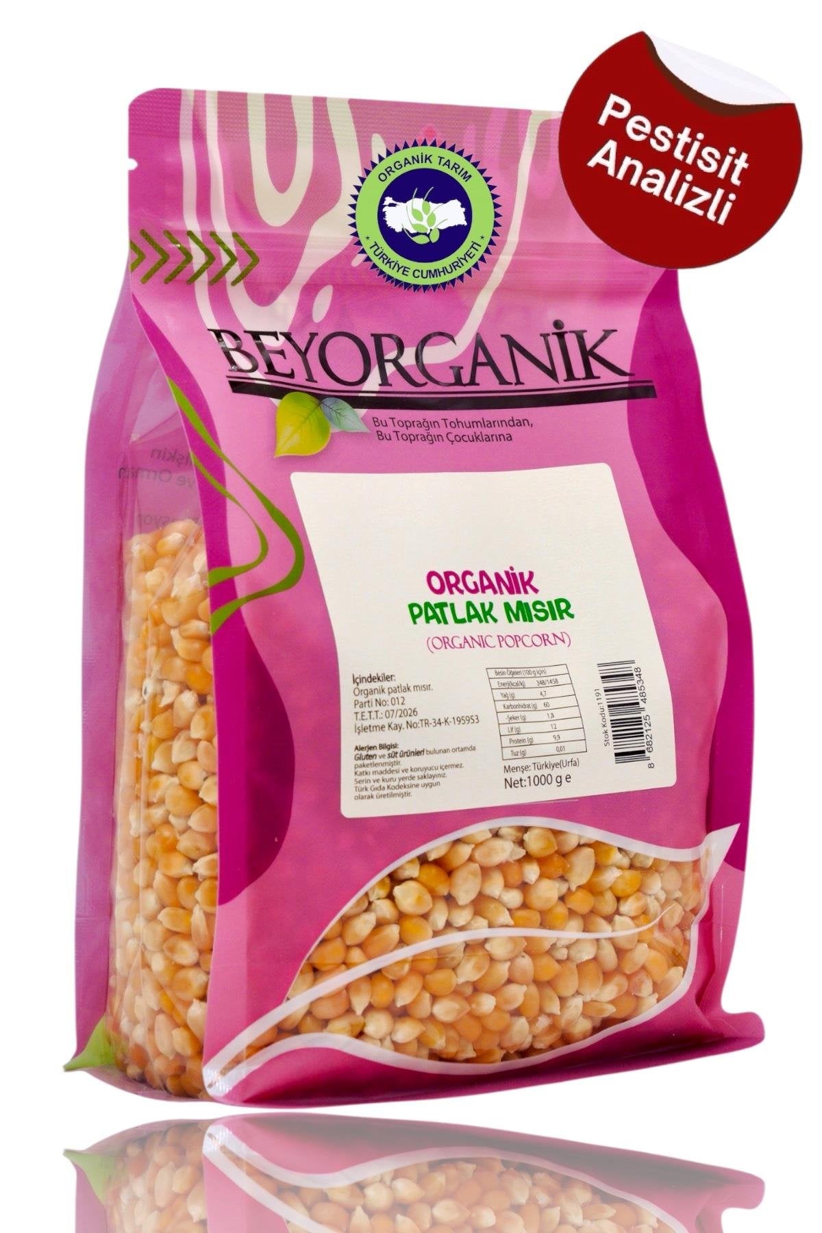 Organik Patlak Mısır 1kg (Pestisit ve Aflatoksin Analizli)